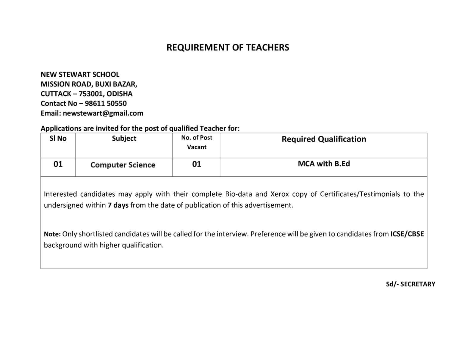 REQUIREMENT OF TEACHERS